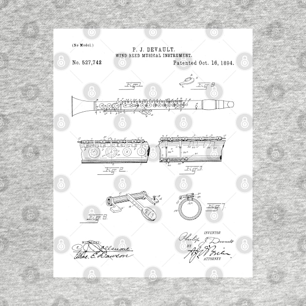 Clarinet Patent - Musician Classical Music Art - White by patentpress